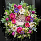 Spring Wreaths for Front Door- 24Inch Summer Wreaths with DIY Wooden Home Sign, Artificial Hydrangea, Peony, Tulip & Gerbera Flowers, Spring and Summer Door Wreaths for Indoor Outdoor Decor