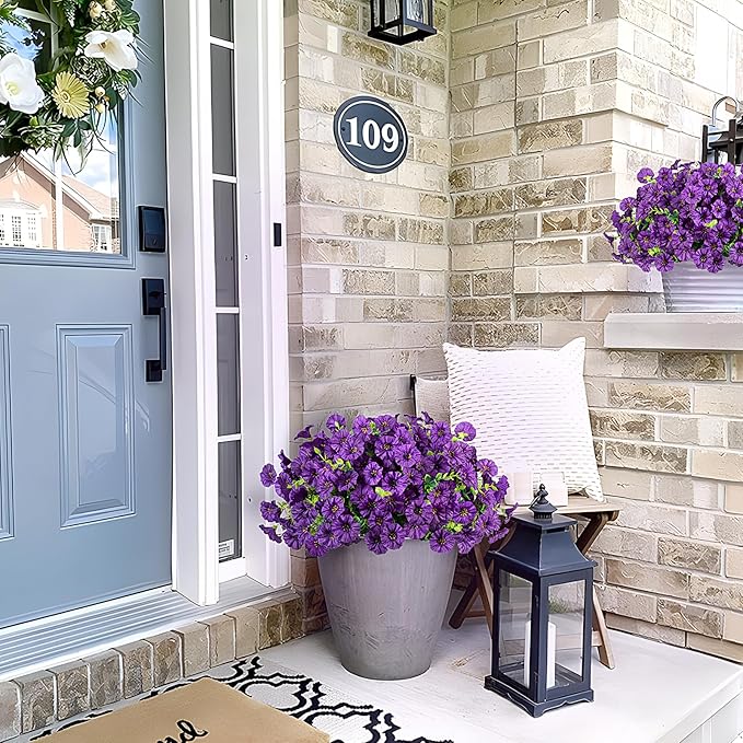 Artificial Flowers for Outdoor Decoration, 12 Bundles Fake Plastic Flower Plant, Faux Colorful Silk Morning Glory Eucalyptus for Outside Spring Summer Garden Porch Front Door Decor, Dark Purple