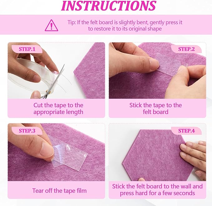 Mindsoft 16 Pcs Hexagon Cork Board for Walls with 50 Wooden Push Pins 6.7 x 5.9 in Felt DIY Tiles Notice with Nano Tape Hanging Bulletin Board for Home Photo Office Memo Note (Gradual Purple)