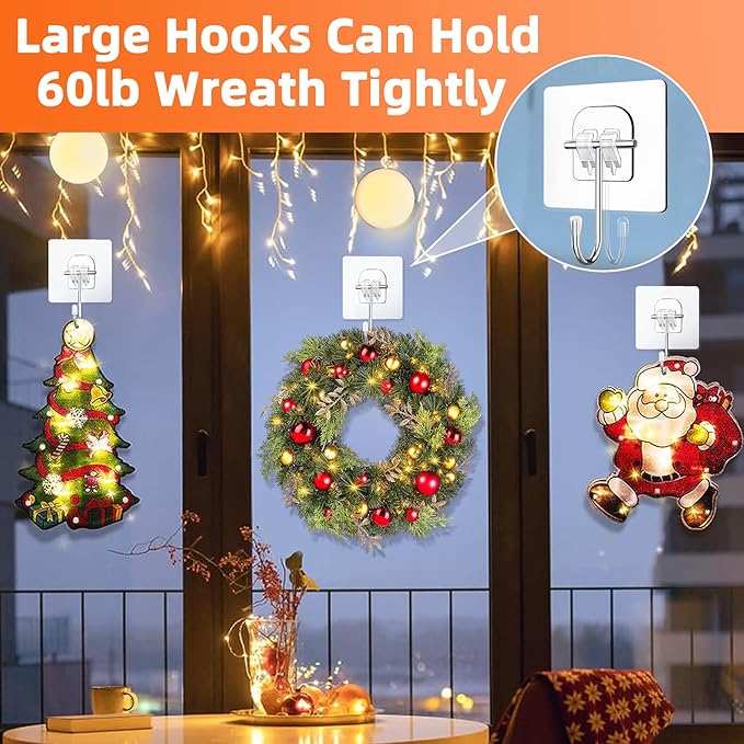 Wreath Hangers for Front Door, 20 Pack Large Wreath Door Hanger for Heavy Duty Easter Christmas Halloween Decorations, Clear Over-The-Door-Hooks Organizer, Adhesive-Wall-Hooks for Wreath Home Decor