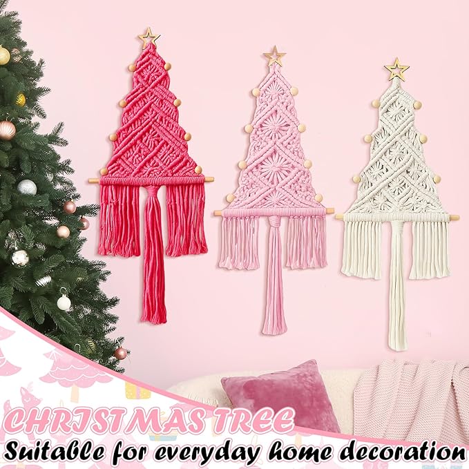 HunnmingRe 3 Pcs Large Macrame Christmas Tree Macrame Christmas Wall Decoration Hanging Ornaments Boho Wall Decor for Party Supplies (Beige,Light Pink and Dark Pink)