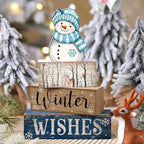 Lineshading 4 Pcs Snowman Christmas Table Decorations Blue and White Wooden Snowman Stacked Block Sign Gifts Winter Tiered Tray Decor Rustic Winter Table Centerpiece Farmhouse for Home Kitchen Shelf