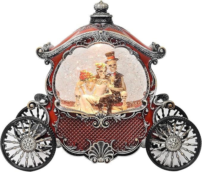Midnight Manor Halloween Water Globe Carriage LED Lighted Snow Globe Lamp Spooky Wedding Skeleton Decor Acrylic Glitter Water Lantern Battery Operated Fall Indoor Decoration