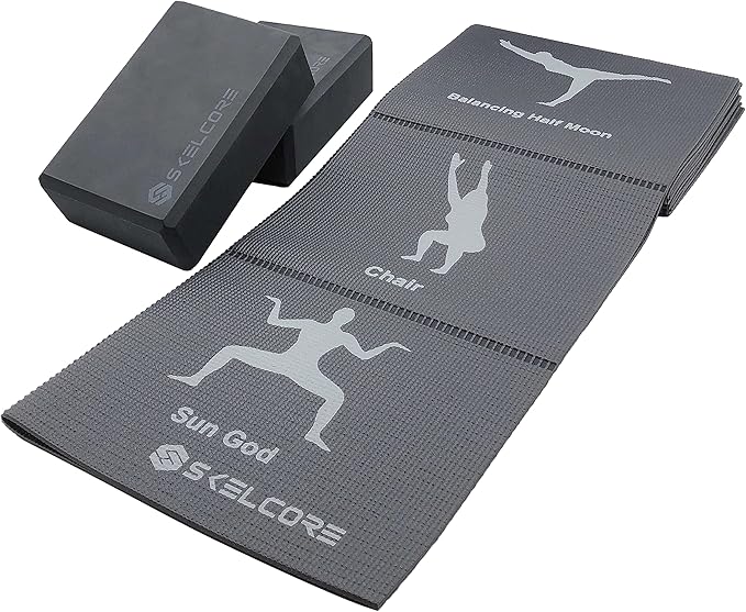 Skelcore Yoga Mat and Blocks Set- Travel Yoga Mat with Poses Printed On It and 2 Yoga Blocks - Non Slip Yoga Accessories For Beginners Folding Yoga Travel Mat 68"L x 24"W x 2mm