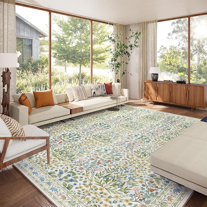 Washable 9x12 Area Rug - Light Green Vintage Floral for Living Room, Dining Room Under Table & Bedroom - Soft Low Pile, Non-Slip & Stain Resistan