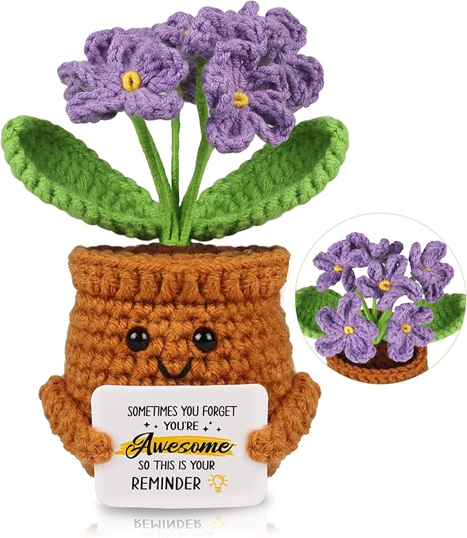 WenmthG Mini Positive Crochet Purple-Flower Doll - Funny Handmade Knitting Doll Birthday Emotional Inspirational Cheer Support Ideas Gifts for Women Girls Coworker Kids Back to School Gifts