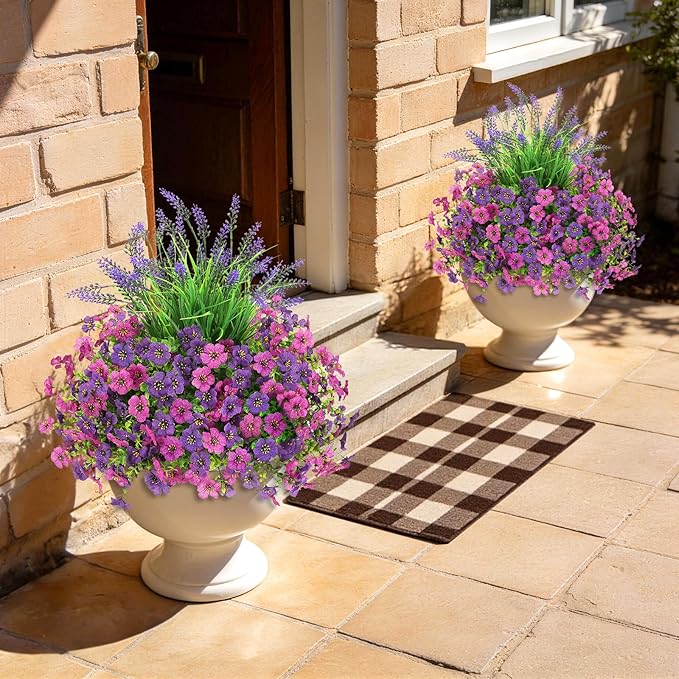 INQCMY Artificial Flowers for Outdoors UV Resistan 12 Pcs Silk Daisies with Eucalyptus Leaves and 2 Pcs Lavender Suitable for Porch Balcony Courtyard Garden (Red Lotus Deep Purple)