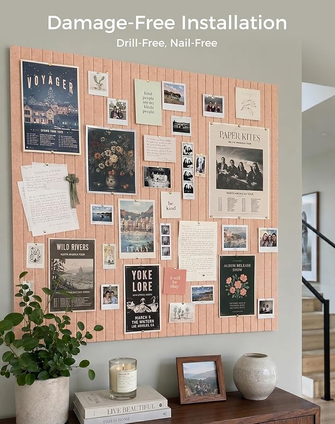Aothia 12-Pack Felt Bulletin Board Tiles 48"x36", Modular Pin Board for Smooth Walls, Cork Board Alternative for Notes & Photos, 0.35" Thick, 70 Adhesive Tabs & 40 Pins, Pink