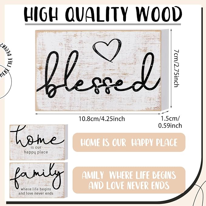 Jetec 3 Pcs Family Home Blessed Rustic Wood Sign Mini Wood Decorative Farmhouse Woodworks Table Shelves Decorations Sign for Bedroom Kitchen Living Room Table Decor(Retro Color,4.25 x 2.76 x 0.59 in)