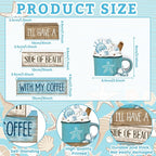 Lineshading 4 Pcs Summer Table Decorations Beach Coffee Bar Wooden Block Sign Blue Rustic Coastal Tiered Tray Decor with Coffee Cup Summer Centerpieces Decor for Beach Nautical Party Office Home