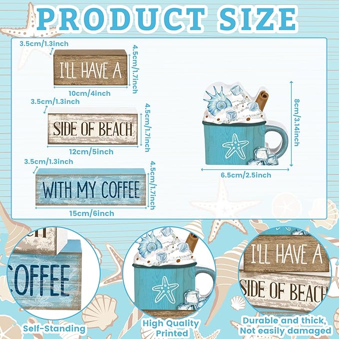 Lineshading 4 Pcs Summer Table Decorations Beach Coffee Bar Wooden Block Sign Blue Rustic Coastal Tiered Tray Decor with Coffee Cup Summer Centerpieces Decor for Beach Nautical Party Office Home