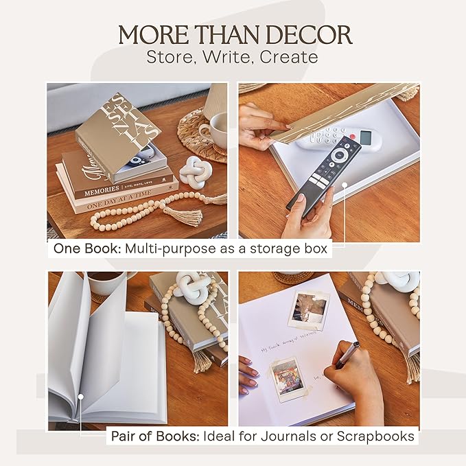 JULZEN Linen Decorative Books for Home Decor - Aesthetic Set of 3 Beige Fake Books for Coffee Table Decor with Faux Book Box Storage, Wood Knot & Bead Garland - Neutral Living Room Decoration