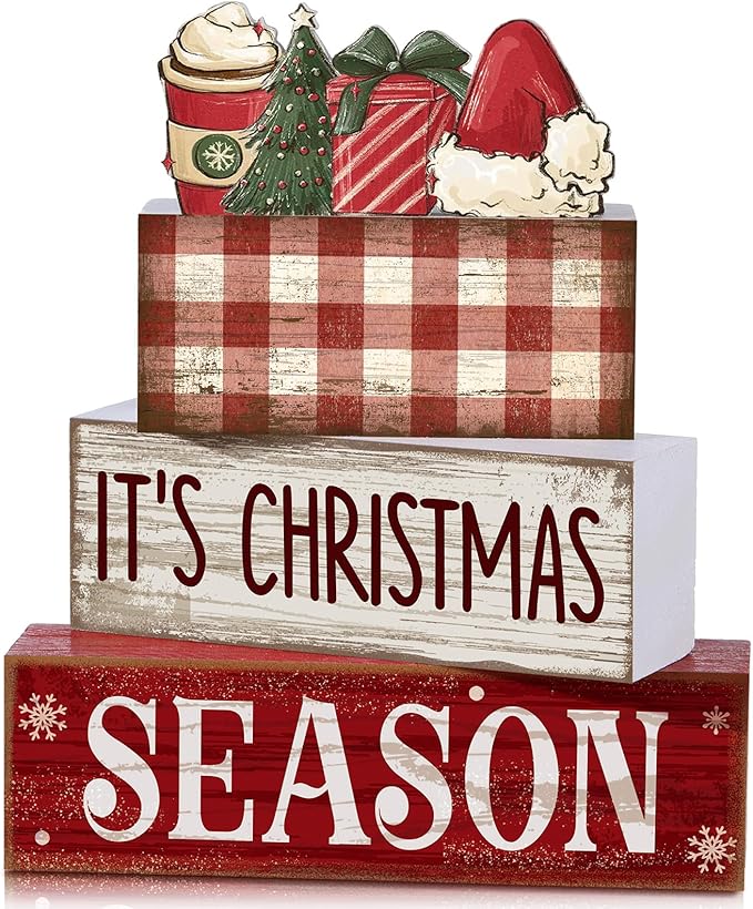 Lineshading 4 Pcs Christmas Table Decoration Wooden Hot Cocoa Santa Hat Decorations Christmas Tiered Tray Decor Winter Centerpiece Decorative Santa Hat Hot Cocoa Gift Box Tree Block Signs for Home