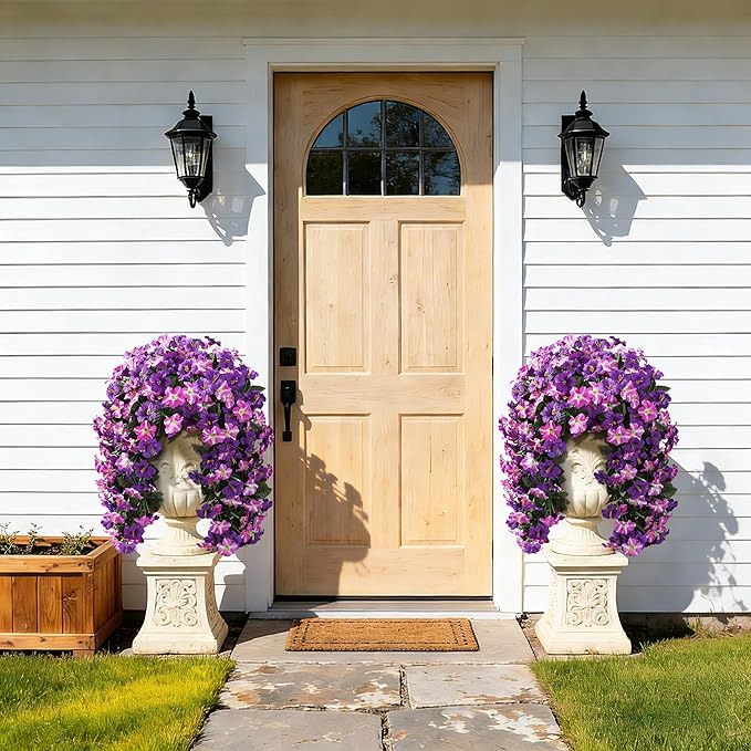 HyeFlora Artificial Flowers for Outdoors, 2pcs Faux Hanging Morning Glory Silk Fake Flowers Lifelike Artificial Plants UV Resistant Flowers for Outside Planter Patio Garden Porch Decor (Purple Red)