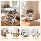 White Luggage Racks Set of 2, Bamboo 26.77" Luggage Rack Stand for Guest Room, 5 Nylon Straps, Foldable Suitcase Stand with Storage Shelf for Bedroom Hotel, Holds up to 165 Lbs