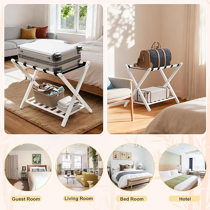 White Luggage Racks Set of 2, Bamboo 26.77" Luggage Rack Stand for Guest Room, 5 Nylon Straps, Foldable Suitcase Stand with Storage Shelf for Bedroom Hotel, Holds up to 165 Lbs