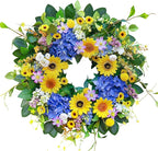 Pinkpuii Spring Wreaths for Front Door Outside- 24 Inch Spring Summer Wreath with Sunflowers,Lifelike Blue Hydrangea Flower Wreath for Indoor Outdoor Mantel,Window,Wall,Home Firplace Hanging Decor