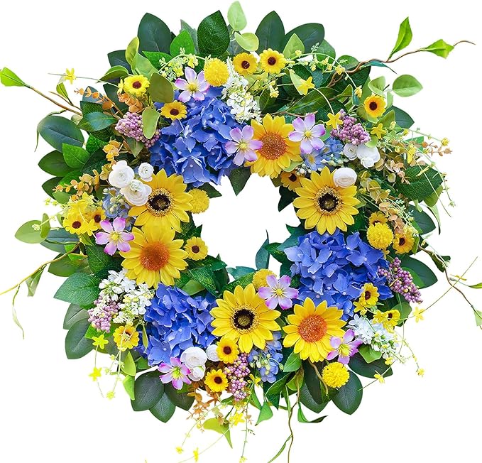 Pinkpuii Spring Wreaths for Front Door Outside- 24 Inch Spring Summer Wreath with Sunflowers,Lifelike Blue Hydrangea Flower Wreath for Indoor Outdoor Mantel,Window,Wall,Home Firplace Hanging Decor