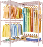 E15 Garment Rack L Shaped Clothes Rack for Corner，Freestanding Clothing Racks for Hanging Clothes，Heavy Duty Closet Organizer with 4 Hanging Rods & 8 S Hooks，43.4" W x 15.8" D x 78.4" H，Pink