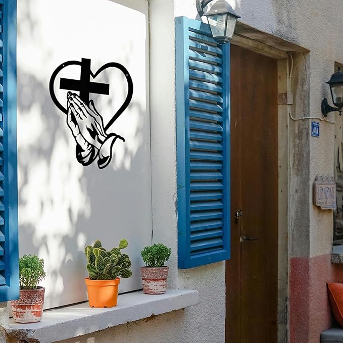 Elegant Metal Christian Heart & Cross Wall Art Decor - 11.8" Praying Hands Design Hanging Decoration for Women Mother’s Day, Bedroom Church Prayer Room Blessed Religious Gift