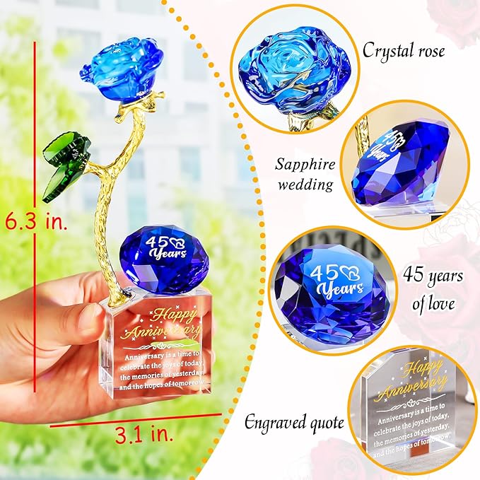 YWHL 45th Wedding Anniversary Rose Gifts for Parents, 45 Years Happy Anniversary Sapphire Gift for Couples, Romantic Sapphire Wedding Keepsake for Wife Her, Crystal Rose Figurine with Blue Diamond