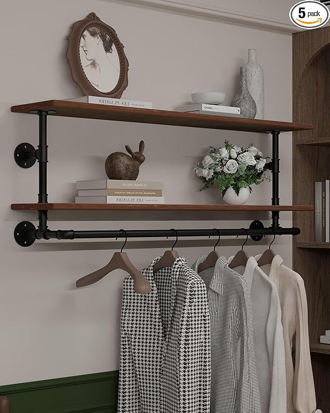 Clothes Rack 42in, 2 Tier Wall Mounted Garment Rack with Real Wood Shelf, Heavy Duty Hanging Clothes Rack, Multi-Purpose Hanging Rod, Space-Saving Closet Storage