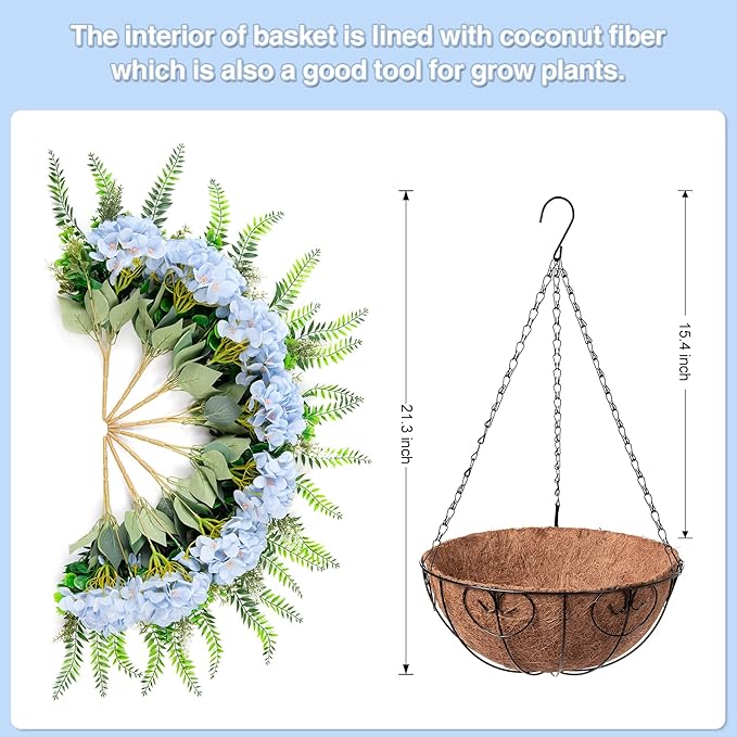 Artificial Hanging Hydrangea Flowers with Basket for Outdoor Spring Decoration, Fake Silk Hydrangea Flower Outdoor Indoor Arrangements, Fake Hanging Plants for Balcony Garden Yard Decor(Blue)