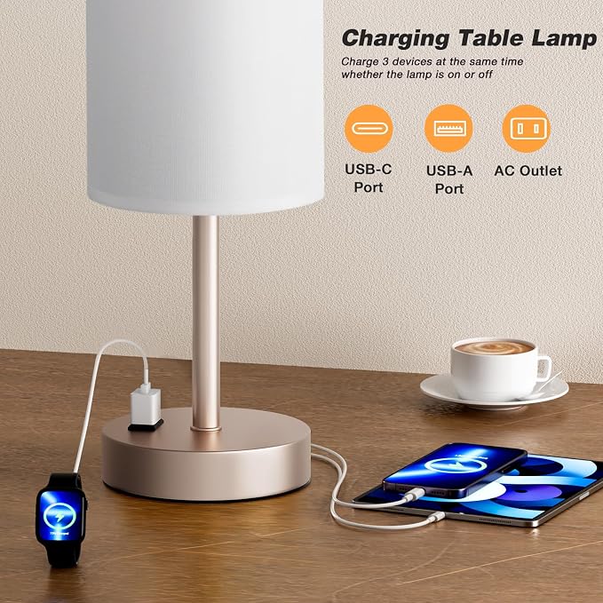 Fenmzee Antique White Bedside Table Lamp for Bedroom - 3 Way Dimmable Touch Lamp USB C Charging Ports and AC Outlet, Small Lamp Gold Base Round Flaxen Fabric Shade for Living Room, Desk