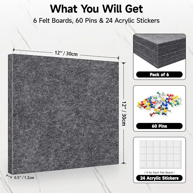6 Pack Felt Bulletin Cork Board Tiles for Wall, 1/2" Thick Self Adhesive Pinboard Squares with 60 Pushpins, Felt Panels Wall Organizer for Photos, Pictures, Memos (11.8"x11.8"- Dark Grey)