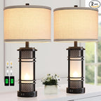 AIEAMPDO Set of 2 Modern Table Lamps for Living Room, Contemporary Nightstand Lamp with Dual USB Port, Bedside Lamps with White Frosted Glass Night Light for Bedroom, 4 Bulbs Included (Black)