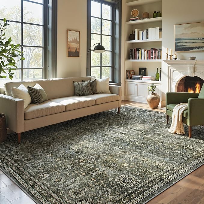 Lahome Green 10x14 Area Rugs for Living Room, Washable Vintage Large Floor Rugs for Bedroom, Rubber Backed Non-Slip Carpet for Dining Room Office
