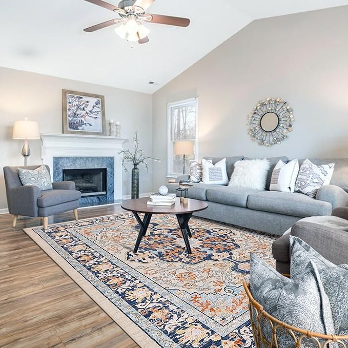 U'Artlines Boho Vintage Area Rug 6x9 Machine Washable Low Pile Soft Floor Carpet Non Slip Non Shedding Accent Rug for Living Room Bedroom Entryway Dining Room Office Orange Blue
