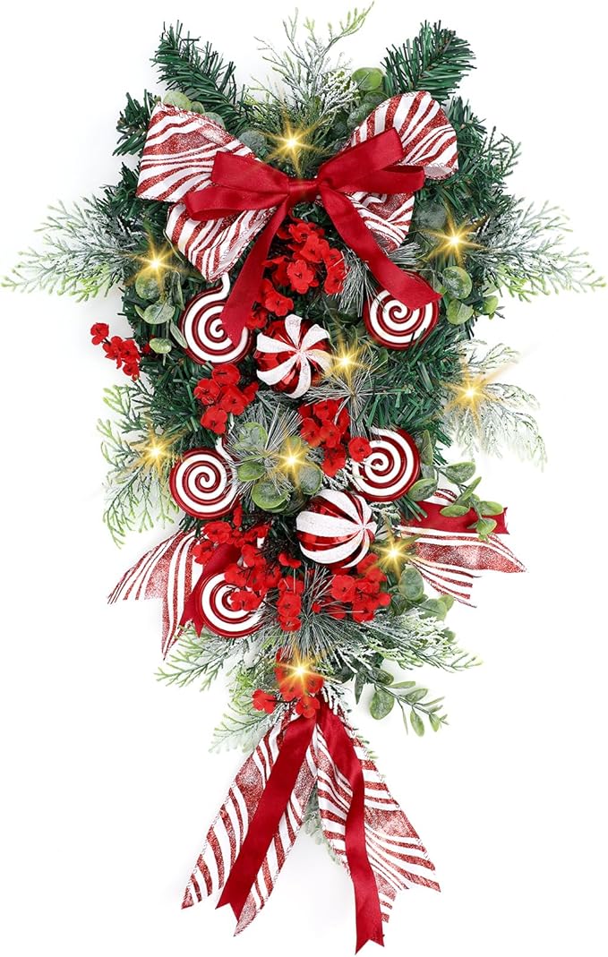 Yunlly 28" Pre Lit Christmas Teardrop Swag Battery Operated Christmas Swag with Lights, Red and White Bowknot, Swirl Candy Cane Ball, Xmas Wreath Ornament for Indoor Outdoor Front Door Decoration