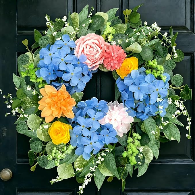 Spring Wreaths for Front Door 24 Inch, Spring Summer Front Door Wreath with Hydrangea & Eucalyptus, Artificial Floral Wreath for Porch Garden Patio Wall Window Indoor Outdoor Home Decor