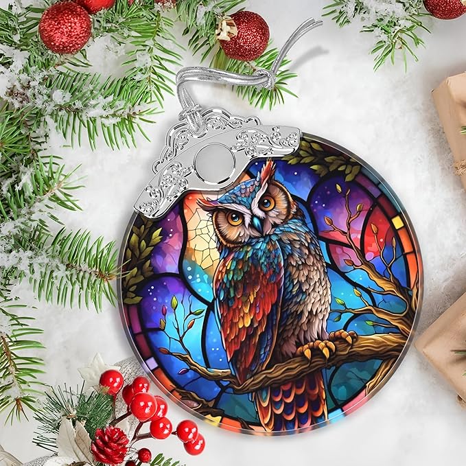 Stained Glass Suncatcher Ornament - Owl Christmas Decorations - Christmas Ornaments for Tree - Holiday Present Ideas - Gift Exchange