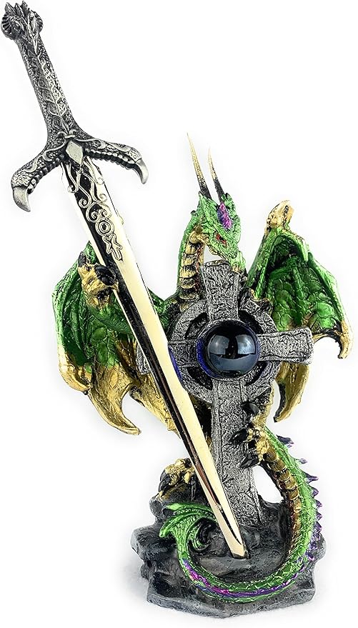 Ain’t It Nice Dragon Statue with Medieval Dragon Sword and Crystal Ball Collectible Dragon Figurine Fantasy Medieval Dragon Décor, Green 4.5(L) 2(W) X 7(H) inches