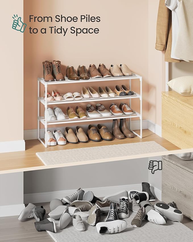 SONGMICS Shoe Rack, 3-Tier Shoe Organizer, Metal Storage Shelf, Upright or Upside Down, for 16-20 Pairs, Stackable, for Entryway, 11.8 x 36.2 x 21.7 Inches, Pearl White ULSA303W03