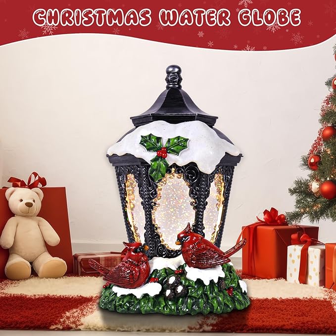 Christmas Snow Globe Lantern Cardinals Water Glittering Globe with 6H Timer Function Christmas Snow Globes 3 AA Battery Operated for Christmas Festival Decorations Gifts (Cardinals)