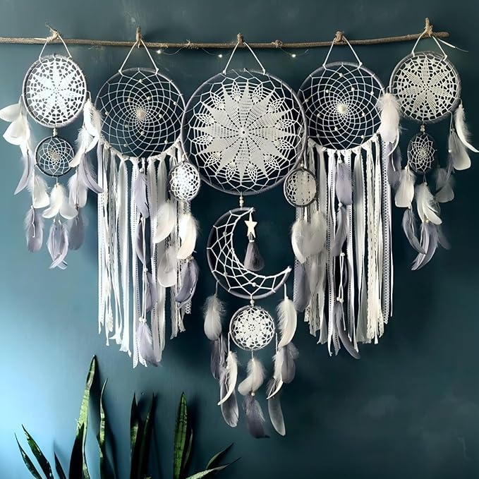 Dream Catcher Wall Decor,Large Boho Dream Catcher with Luxurious Feathers & Beads, Handmade Wall Hanging for Bedroom,Living Room, Gift Ready for Girls & Adults (Gray)