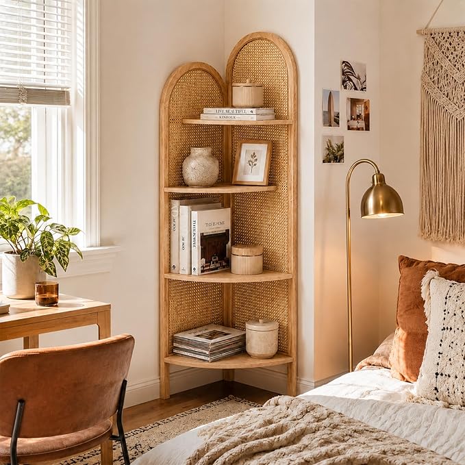 4 Tier Farmhouse Corner Shelf, 70" Tall Pine Wood and Rattan Corner Bookshelf for Small Spaces, Freestanding Display Shelf for Living Room, Bedroom, Bathroom, Kitchen, Natural