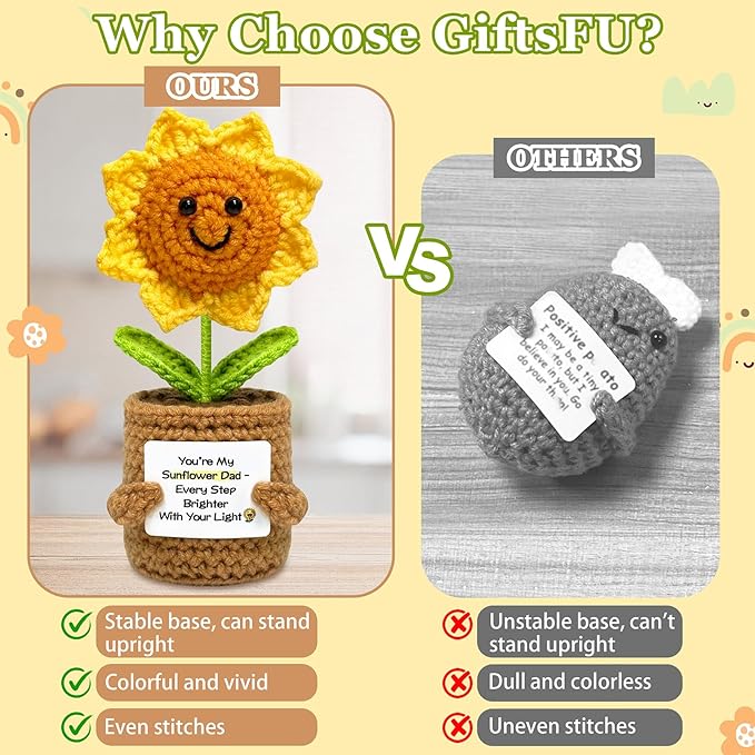 Funny Fathers Day Dad Gifts from Daughter Son - Handmade Positive Crochet Sunflower Gift for Dad Cool Daddy Presents, Small Cute Stuff Things, Positive Emotional Support Gifts Idea for Father