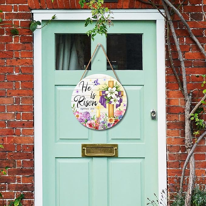 Harooni Easter Decorative Sign, 12x12in Modern Wooden Door Mount, Pastel, Bright, He is Risen, Twine, Rope