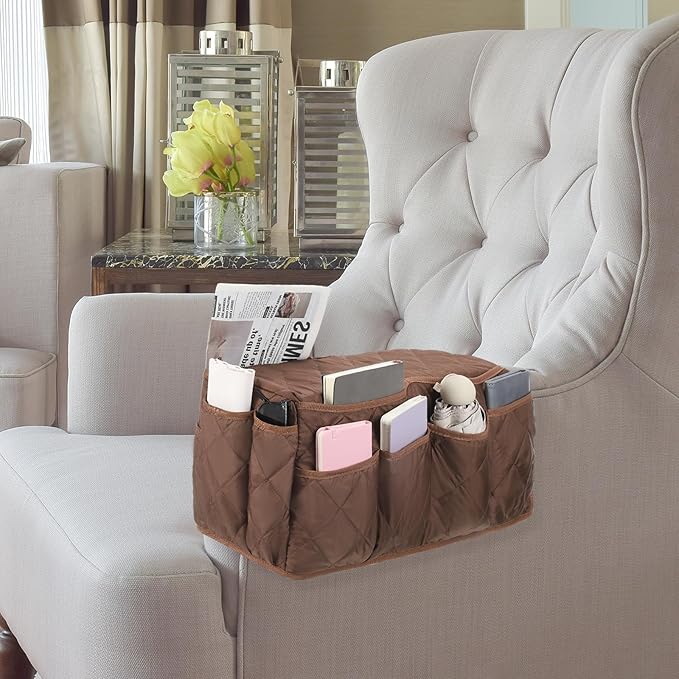 uxcell 2 Pcs Recliner Armchair Caddy, Couch Armrest Organizer with 14 Pockets for Bedside Sofa Remote Control Holder Magazine Phone Book Glasses (Brown, 20" x 7" x 9")