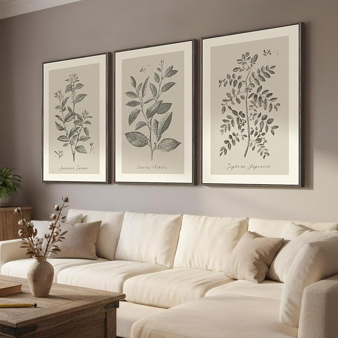 Large Framed Vintage Botanical Wall Art for Living Room, 3 Piece Rustic Farmhouse Plant Canvas Painting Prints Artwork, Neutral Natural Floral Pictures for Bedroom Kitchen Hallway Wall Decor, 24x36 In