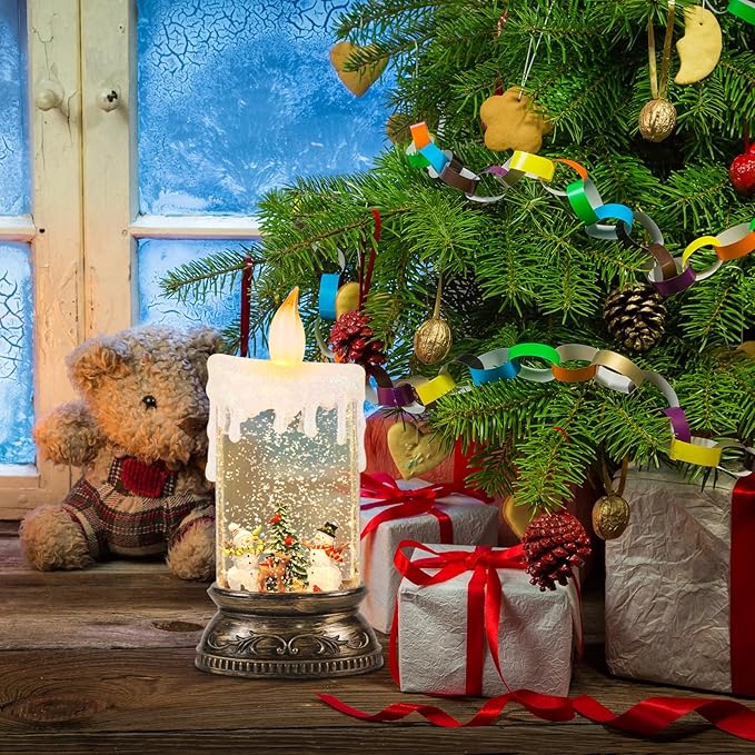 GenSwin Christmas Snow Globes with Music USB Rechargable Cable and Timer, 1 Pcs Christmas Music Box Lantern with Snowman and Snowdeer Scene for Christmas Indoor Centerpieces