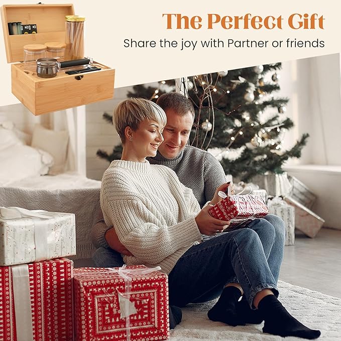 Large Bamboo Storage Box with Removable Tray Kit - Decorative Box Set, Glass Jars, and Accessories Wooden Storage Kit and Accessories Tool.Birthday Gifts