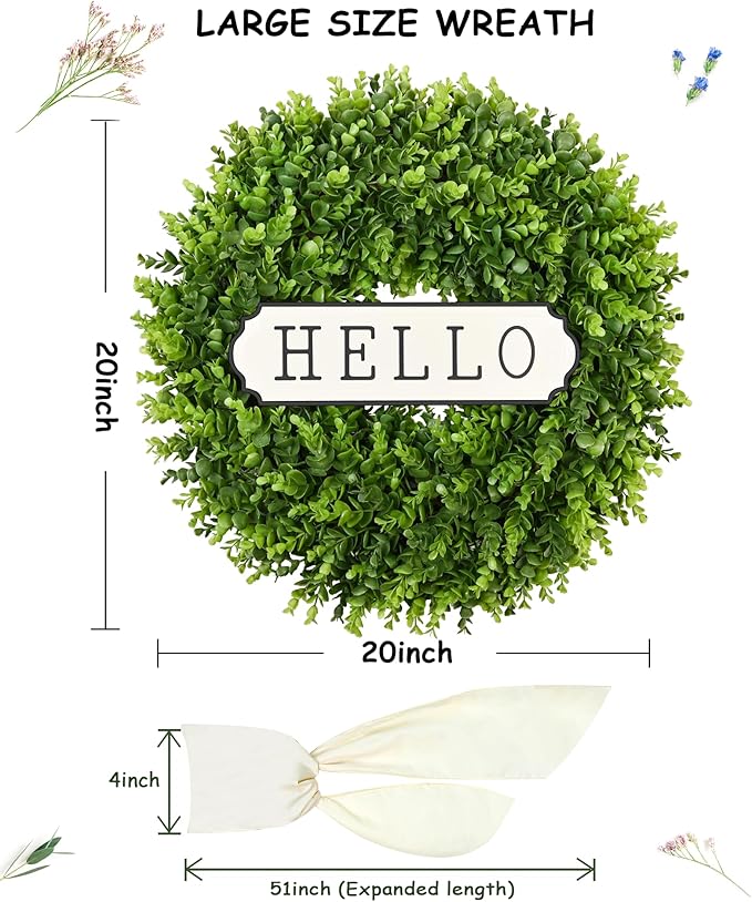 DDHS 20'' Boxwood Wreaths Front Door Artificial Spring Wreath. Wreaths for Front Door Farmhouse Wedding Green Year Round Indoor Outdoor for Summer Wreath St Patricks Day Decorations -(Hello Sign)