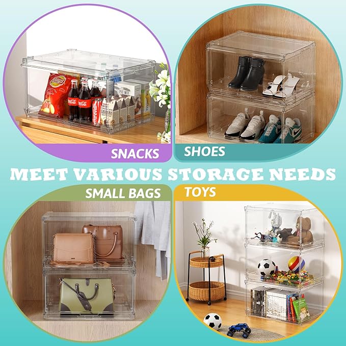 4 Pack Large Hat Organizer Box, Stackable Clear Baseball Caps Holder Box Containers with Sliding Door for Hats Snapback Cap Storag, Hat Rack Display Case, Holds 20 Hats Each -Clear