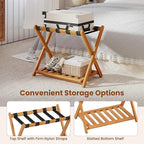 Goplus Luggage Rack for Guest Room Set of 2, Folding Suitcase Stand with Storage Shelf, Acacia Wood Frame & 5 Nylon Straps, Fully Assembled 27" Luggage Stand for Bedroom, Hotel, Holds up to 200 LBS