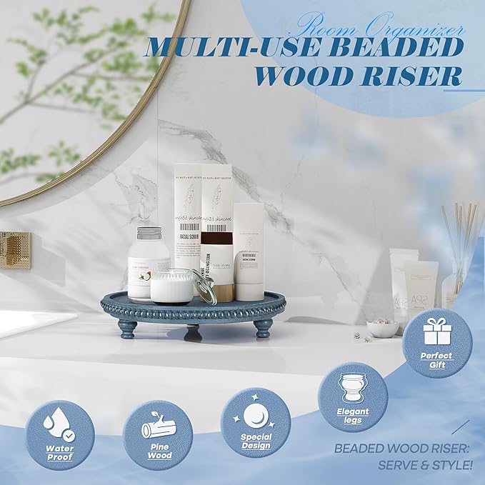 EOSAHR Round Pine Wooden Display Riser - Beaded Wood Riser for Plant Holder & Kitchen Sponge Holder, Perfume Stand Organizer - Rustic Farmhouse Style Kitchen Counter Decor, Boho Home Aesthetic (Blue)